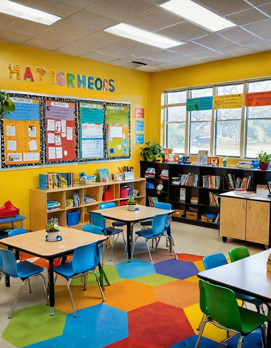 A bright and colorful classroom filled with happy, diverse students engaging in collaborative activities around cheerful learning stations. Include elements like books, art supplies, plants, and inspirational posters on the walls, creating a warm and inviting atmosphere. Capture the essence of joy, curiosity, and academic success with soft, natural lighting. vibrant colors. super-realistic.