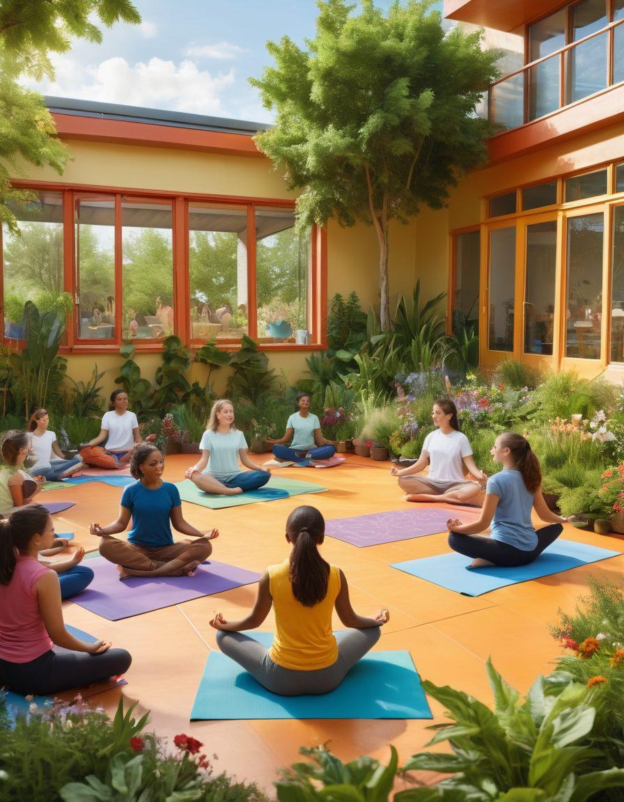A vibrant school scene showcasing diverse students engaged in wellness activities, such as yoga, group discussions, and art therapy, surrounded by a supportive community of teachers and peers. The backdrop features eco-friendly classrooms and a lush garden, symbolizing growth and harmony. Bright and uplifting colors to evoke positivity and hope. super-realistic. vibrant colors.