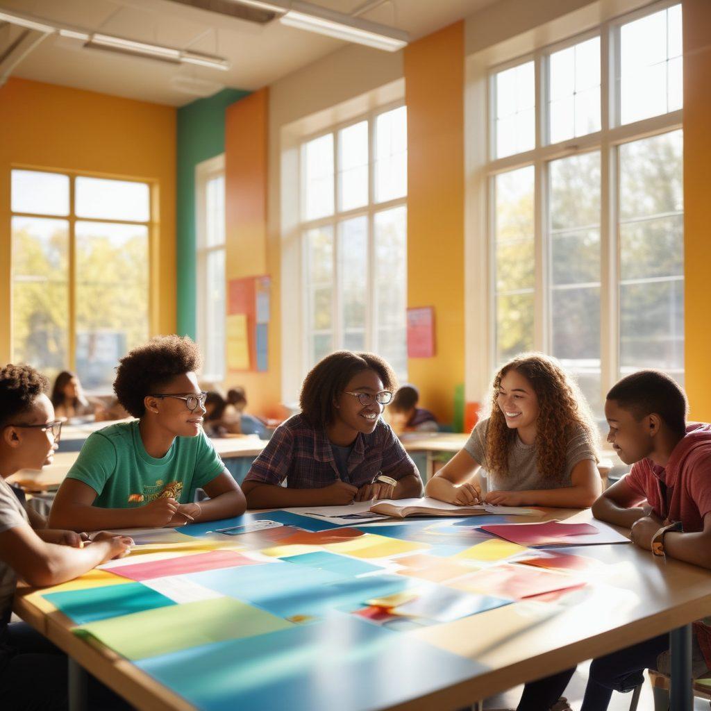 A diverse group of students collaborating in a bright, open classroom, engaged in interactive learning activities, surrounded by colorful educational materials and technology. The scene showcases inclusivity, with students of various backgrounds working together and sharing ideas. Sunlight streams through large windows, creating a warm and inspiring atmosphere. super-realistic. vibrant colors. bright background.